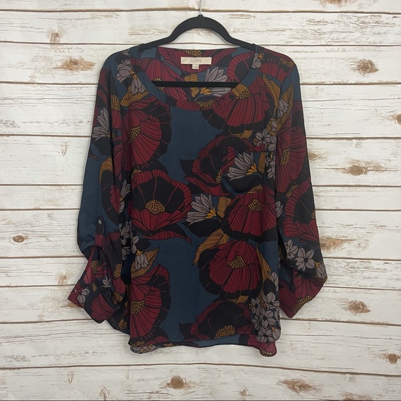 LOFT Autumn Blossom Front Pocket Roll Tab Polyester Career Blouse - Picture 2 of 10